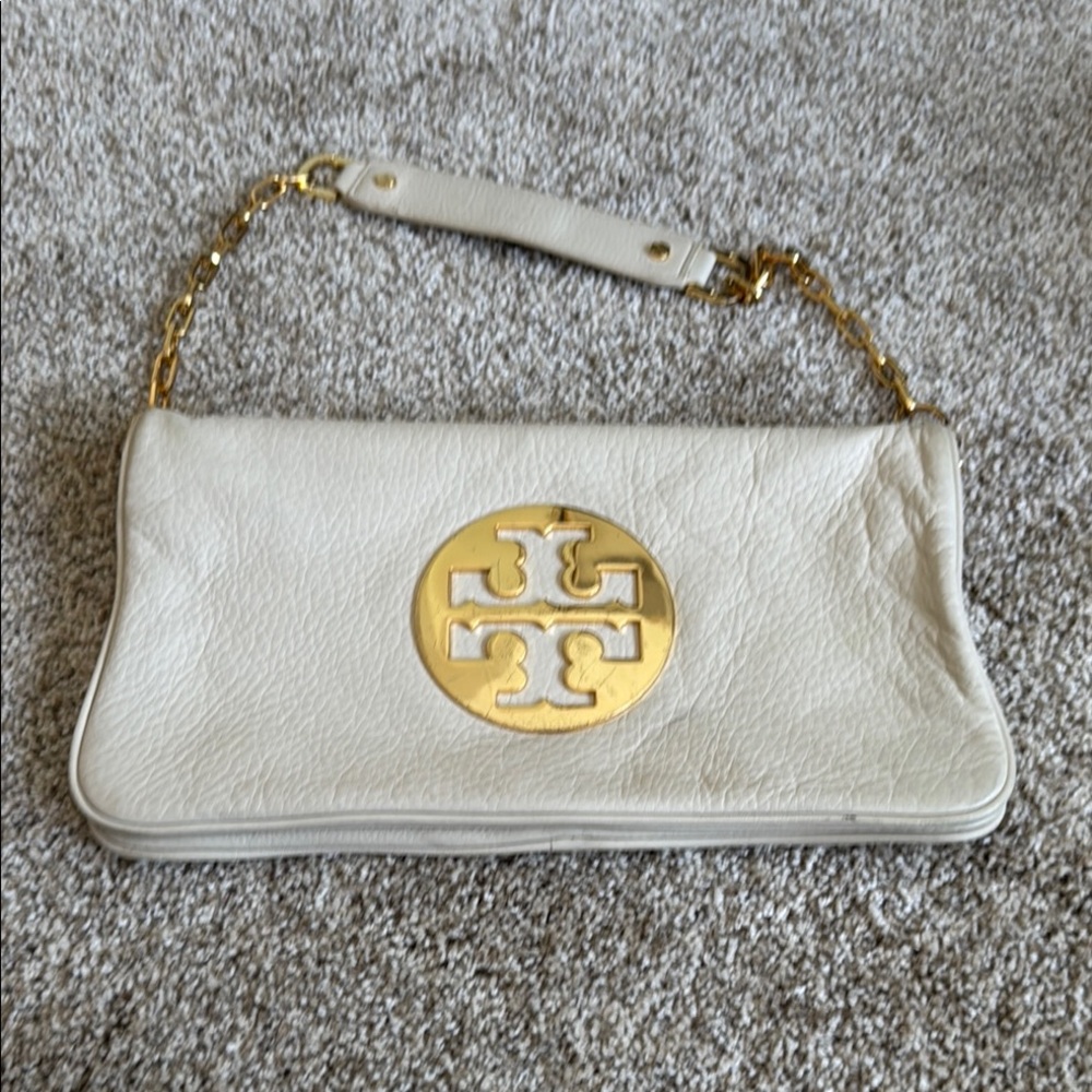 Tory Burch White and Gold Clutch with Chain Strap